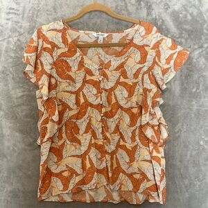 Nine West Rayon Blend Orange Palm Leaf Print Blouse with Flutter Sleeves